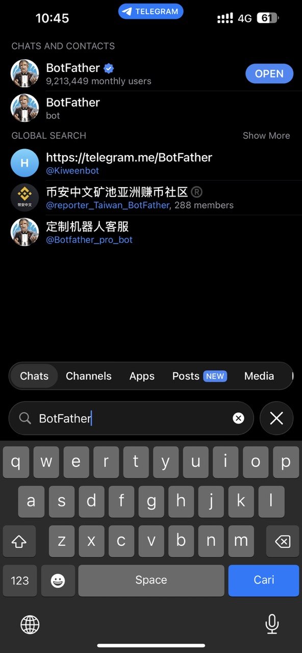 Searching for BotFather in Telegram